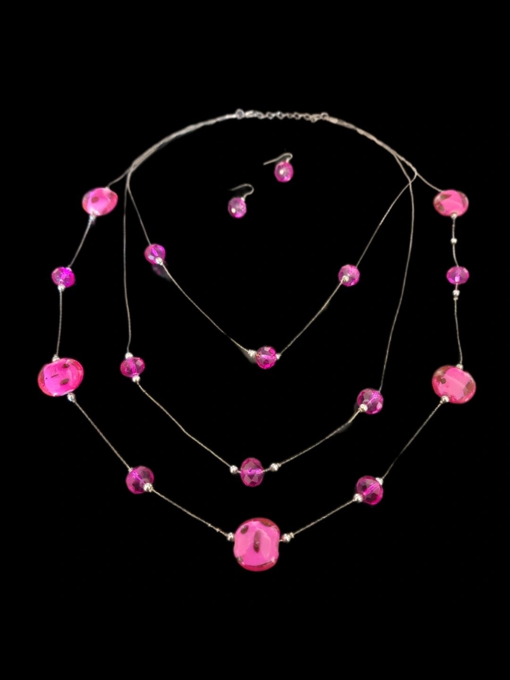 Fuchsia Pink Illusion Set • 3 Strand Floating Bead Necklace & Drop Earrings.